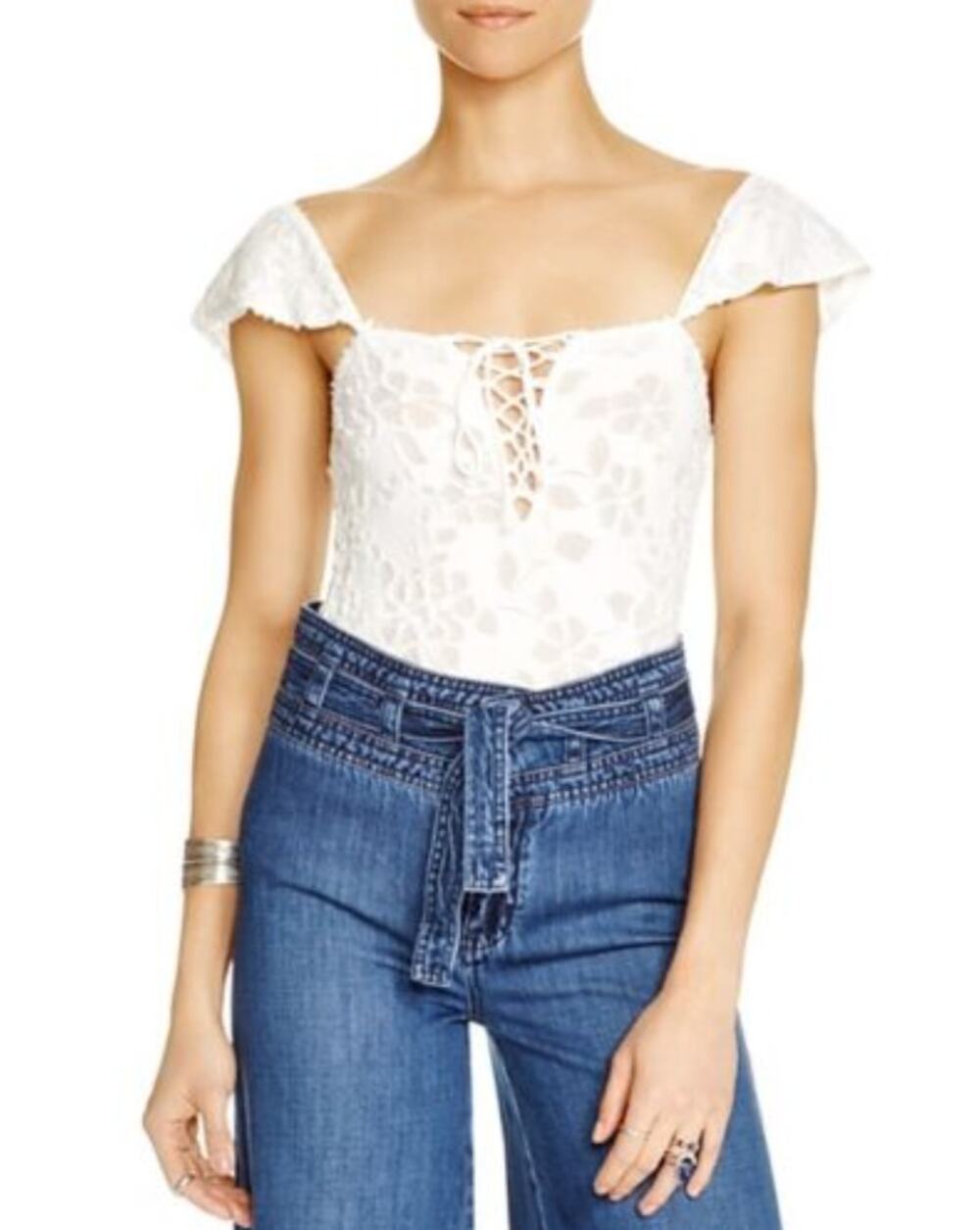 FREE PEOPLE White Popsicle Cap-Sleeve Top Floral Lace Up Neck Off-the-Shoulder S